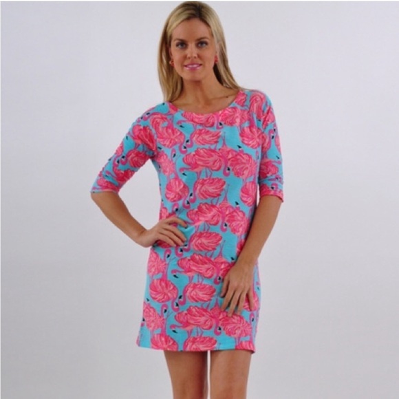 Lilly Pulitzer Dresses & Skirts - Lilly Pulitzer A Little Leg Flamingo Cassie Dress Pink/Blue 100% Cotton Small